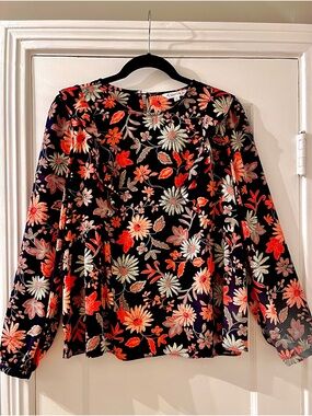 Nanette Lepore Navy Blue Floral Ruffle Blouse - Small